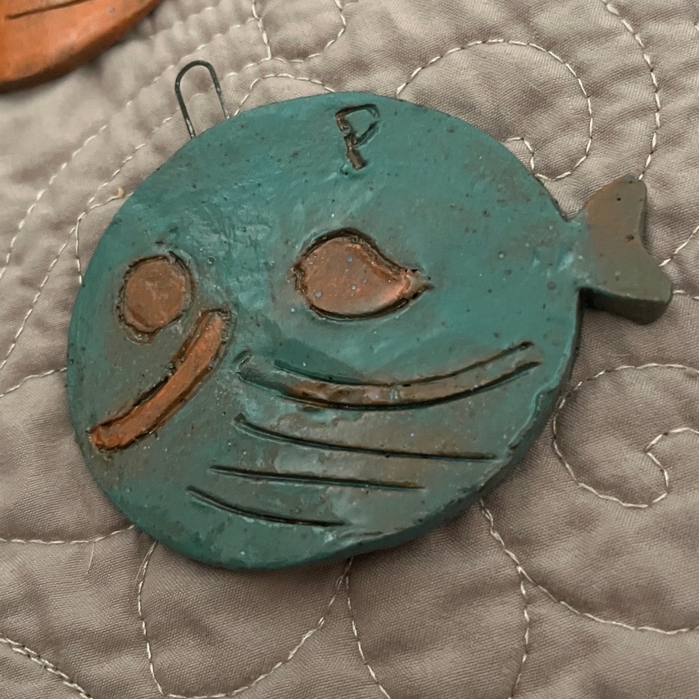 Handcrafted Teal and Orange Fish Ornament. Hook melted in place for hanging!